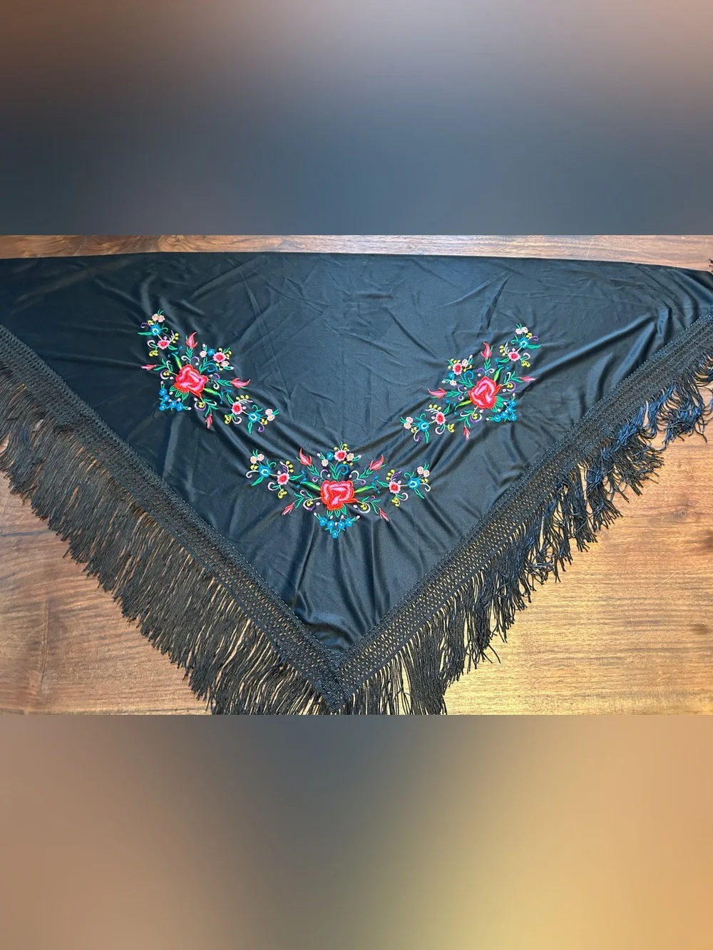 Black Triangle Shawl with fringe Multi-colored Floral Embroidered Mexican Floral